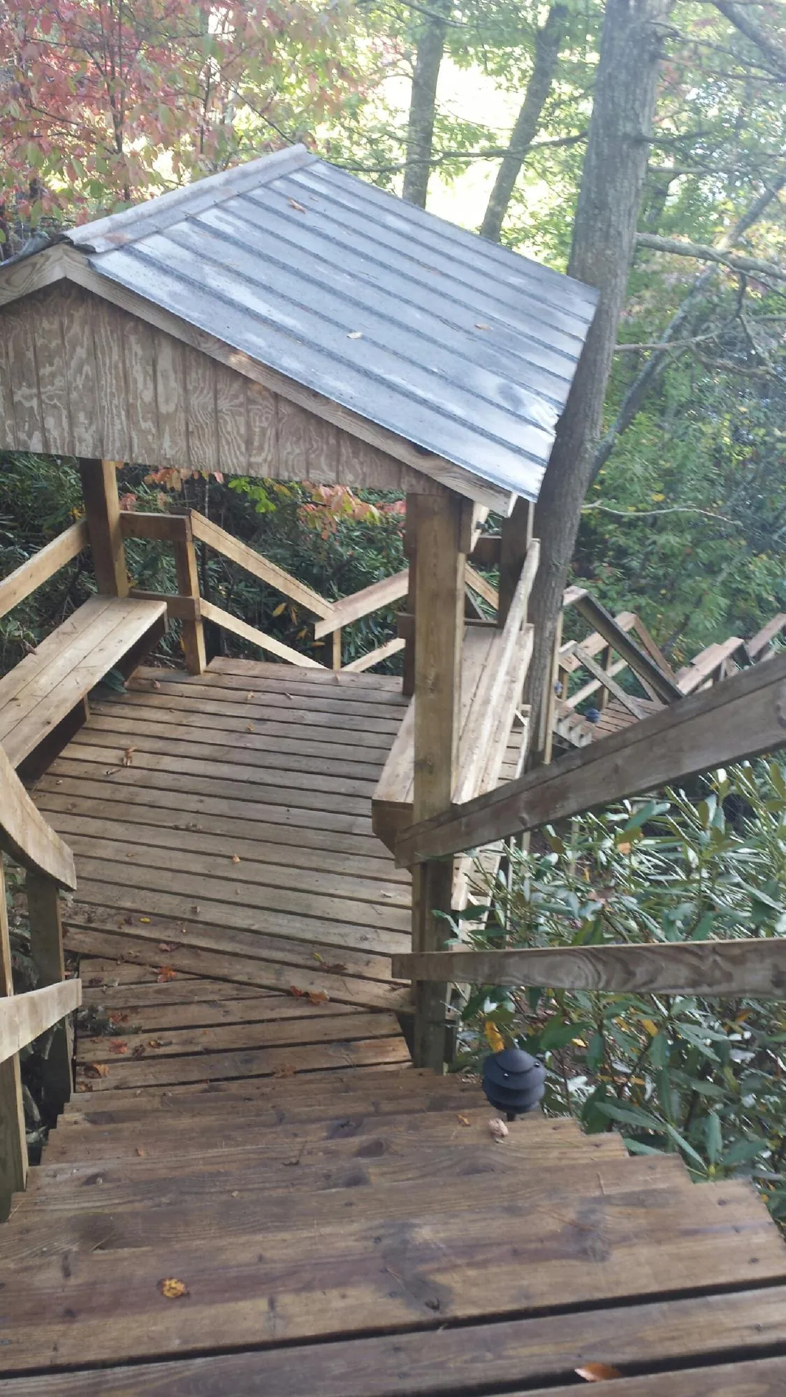 Metal roofed shelter over wooden steps on a wooded walkway — Skylight Repair & Installation work by our crew in Peterman